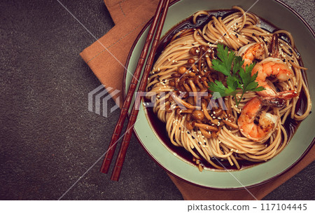 soba, buckwheat noodles, with shimeji mushrooms and tiger shrimps, homemade, no people, soba, buckwheat noodles, with shimeji mushrooms and tiger shrimps, homemade, no people, 117104445
