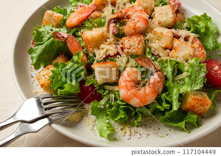caesar salad, with shrimp, on a white background, homemade, no people, caesar salad, with shrimp, on a white background, homemade, no people, 117104449