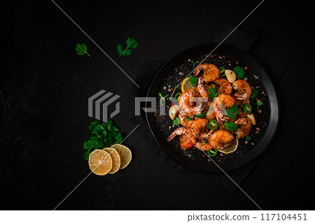 Fried shrimp, headless, with spices, grilled, homemade, no people, Fried shrimp, headless, with spices, grilled, homemade, no people, 117104451