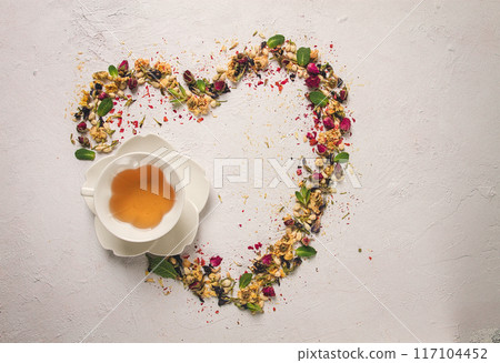 tea set, heart-shaped, with a cup, top view, on a white background, rosebuds, jasmine, blue, chrysanthemum, mint leaves, tea set, heart-shaped, with a cup, top view, on a white background, rosebuds, jasmine, blue, chrysanthemum, mint leaves, 117104452