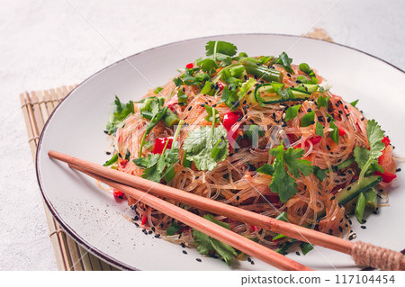 Funchosa, Korean salad, with vegetables, homemade, no people, 117104454