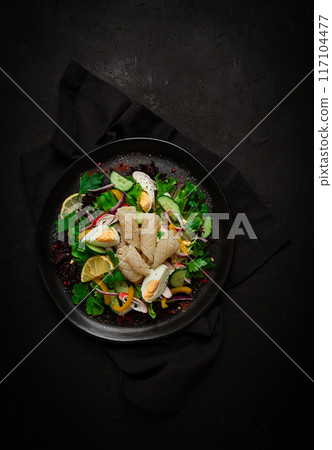 Salad of squid and vegetables, with egg, homemade, no people, Salad of squid and vegetables, with egg, homemade, no people, 117104477
