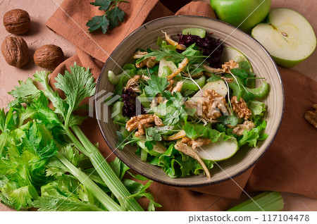 Fresh, Waldorf salad, celery stalk with chicken, apple and walnut, grapes, herbs, homemade, no people, 117104478
