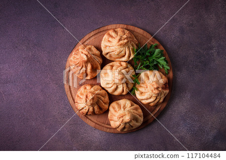Deep-fried khinkali, khinkali with meat, traditional Georgian dish, no people, Deep-fried khinkali, khinkali with meat, traditional Georgian dish, no people, 117104484