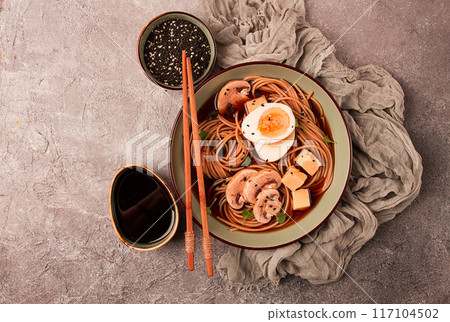 Asian soba soup, with mushrooms and egg, cheese, sesame seeds, homemade, no people, 117104502