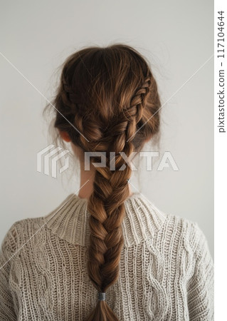 Close-up view of a woman showcasing a detailed fishtail braid against a neutral background 117104644