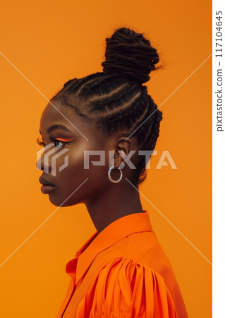 Profile view of a stylish woman with a detailed fishtail braid against an orange backdrop 117104645