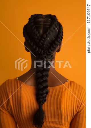 Close-up photo of a woman's intricate fishtail braid against a vibrant orange background. Back view 117104647