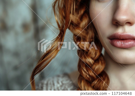 Close-up of a woman's fishtail braid hairstyle, showcasing the texture and details Close-up of a woman's fishtail braid hairstyle, showcasing the texture and details 117104648