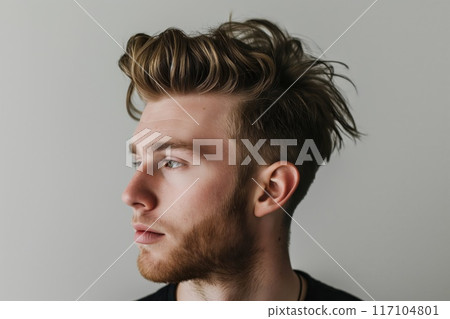 Close-up of a modern quiff hairstyle on a man with a light gray background, showcasing hair styling details 117104801