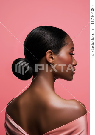 Profile view of a woman with a sleek low bun hairstyle against a soft pink backdrop Profile view of a woman with a sleek low bun hairstyle against a soft pink backdrop 117104865