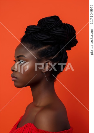 Profile view of a woman's intricate twisted bun hairstyle against a vibrant orange background 117104945