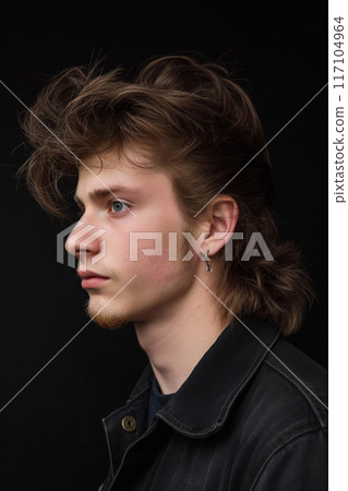 Side portrait of a young man showcasing a stylish modern mullet haircut against a dark background Side portrait of a young man showcasing a stylish modern mullet haircut against a dark background 117104964