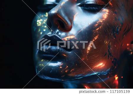 portrait of a woman with decorative and artistic makeup on her face with glow and gloss 117105139