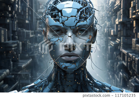 face of female android bio robot, close portrait, concept of cybernetics and biomechanics and robotics of future 117105235