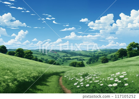 a beautiful landscape, a trail leading into the distance, green grass and wild flowers in the valley, mountains in the distance and sky with white clouds 117105252