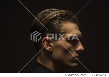 Side profile of a man displaying a modern, slicked-back undercut hairstyle in a dramatic light 117105281