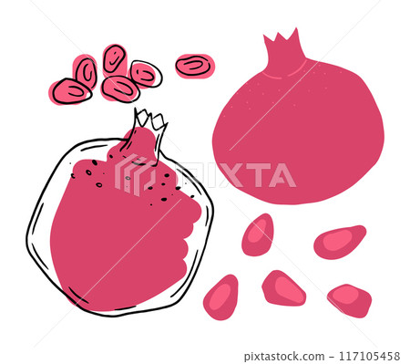 A vibrant vector illustration of a pomegranate, showcasing whole and sliced views with scattered seeds. The hand-drawn, flat design features bold red and pink hues, perfect for creative and culinary A vibrant vector illustration of a pomegranate, showcasing whole and sliced views with scattered seeds. The hand-drawn, flat design features bold red and pink hues, perfect for creative and culinary 117105458