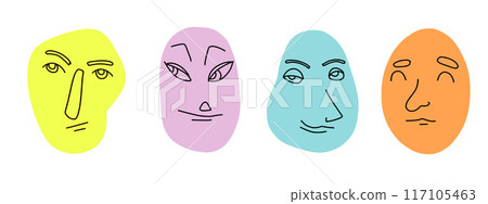 Colorful abstract faces, minimalistic line art, vibrant expressions, modern illustration, playful design. 117105463