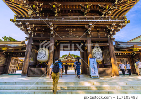 Samukawa cityscape in Japan. Samukawa Shrine, Ichinomiya of Sagami Province. The main hall can be seen behind the shrine gate. July 21, 2024 117105488