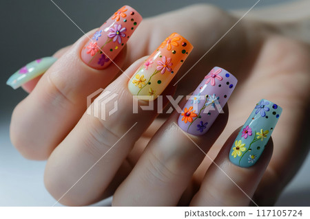 Close-up of a hand with nails featuring a colorful bouquet nail art design with tiny flowers 117105724