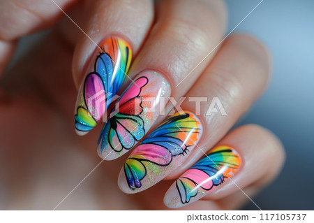 Close-up of exquisite butterfly-inspired nail art with vibrant wings and glitter highlights Close-up of exquisite butterfly-inspired nail art with vibrant wings and glitter highlights 117105737