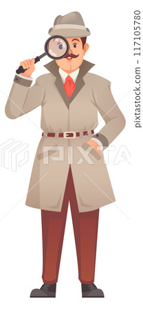 Detective look through magnifying glass. Crime investigation Detective look through magnifying glass. Crime investigation 117105780