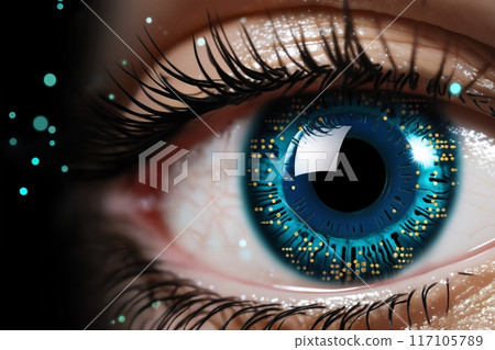 human eye with a digital computer chip implant, concept of augmented reality and digital vision of the future, information processing, artificial intelligence 117105789