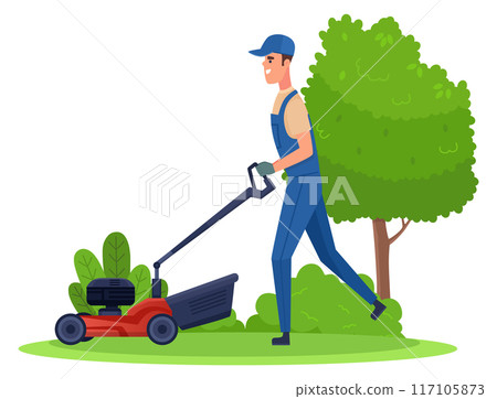 Lawn maintenance. Young worker trim green grass Lawn maintenance. Young worker trim green grass 117105873
