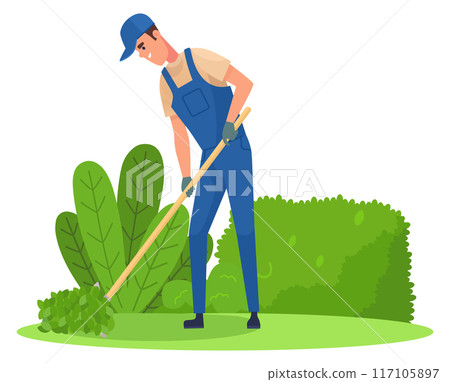 Man working in garden. Soil raking. Farm worker Man working in garden. Soil raking. Farm worker 117105897