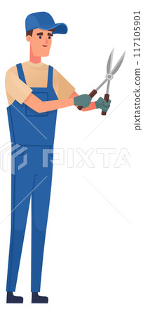 Garden worker hold sheers. Greenery pruning tool 117105901