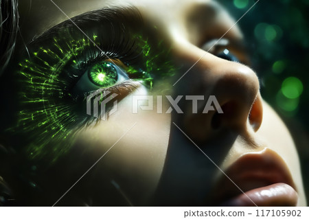a woman eye closeup with green holography lights particles on her face, dark background, digital future concept 117105902