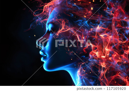 A girl's face surrounded by abstract shapes of red smoke on a dark background 117105920