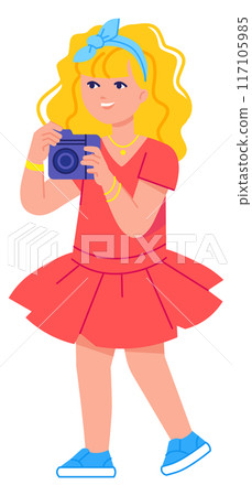 Cute girl with photo camera. Female kid shooting pictures Cute girl with photo camera. Female kid shooting pictures 117105985