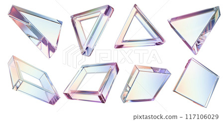 3D transparent triangle square glasses composition, abstract geometric crystal pyramid rectangle.  117106029
