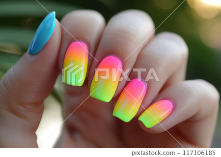 Trendy and vibrant neon gradient manicure with bright, colorful nail art design for a modern and stylish look, perfect for summer 117106185