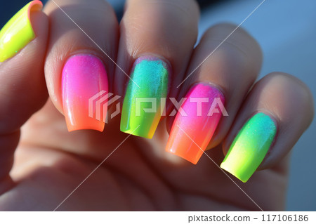 Close-up of a woman's hand displaying nails with a vibrant neon gradient polish Close-up of a woman's hand displaying nails with a vibrant neon gradient polish 117106186