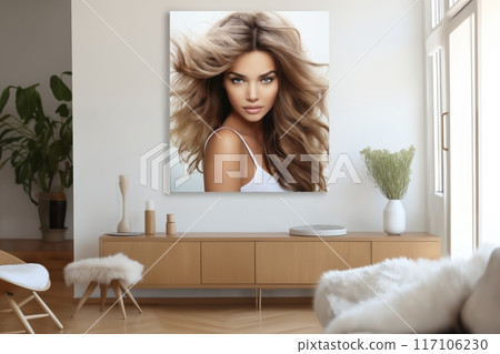 interior of a living room with furniture and a poster on the wall of a portrait of a beautiful girl with a stylish hairstyle 117106230
