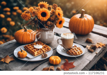 still life of a cup of hot latte and waffers and pumpkins on an old wooden table against the background of beautiful autumn nature at sunset, decoration for Halloween 117106231