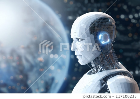 android robot works with computer and data against background of abstract digital space with holographic elements and lights, cyber future 117106233