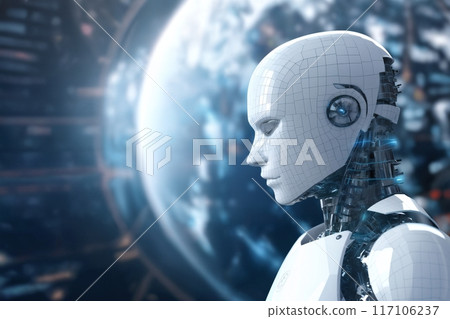 android robot works with computer and data against background of abstract digital space with holographic elements and lights, cyber future android robot works with computer and data against background of abstract digital space with holographic elements and lights, cyber future 117106237