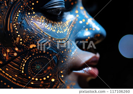 portrait of a woman with decorative art makeup on her face 117106260