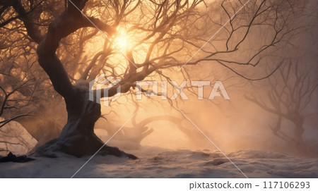 beautiful winter landscape, old trees with snow covered branches, a forest in a morning haze, beautiful nature 117106293