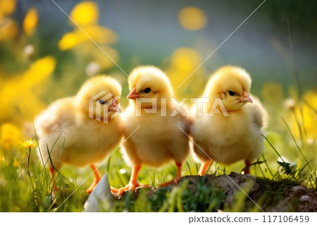Portrait of small baby chickens on a green grass meadow, bright sunny day, on a ranch in the village, rural surroundings on the background of spring nature 117106459
