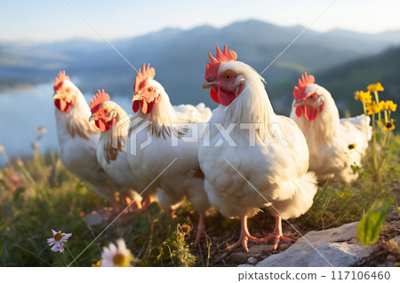 Portrait of chickens on a green grass meadow in mountains, bright sunny day, on a ranch in the village, rural surroundings on the background of spring nature 117106460