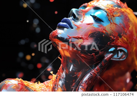 woman with fire painted body is looking up at something in the air, 3D render, computer art woman with fire painted body is looking up at something in the air, 3D render, computer art 117106474