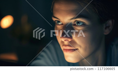 Close-up of a person's face with a thoughtful expression, lit by warm, ambient light 117106605