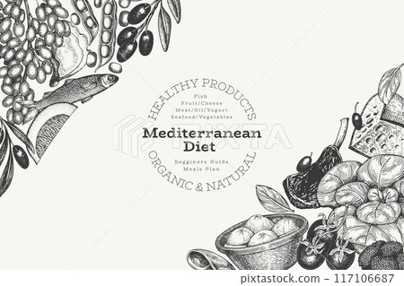 Mediterranean Cuisine Design Template. Vector Hand Drawn Healthy Food Banner. Vintage Style Menu Illustration. Mediterranean Cuisine Design Template. Vector Hand Drawn Healthy Food Banner. Vintage Style Menu Illustration. 117106687