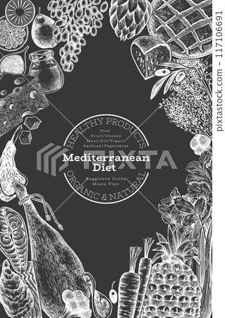 Mediterranean Cuisine Design Template. Vector Hand Drawn Healthy Food Banner. Vintage Style Menu Chalk Board Illustration. 117106691