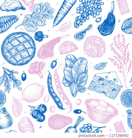 Mediterranean Cuisine Seamless Vector Pattern. Vector Hand Drawn Healthy Food Background. Vintage Style Menu Illustration. 117106692